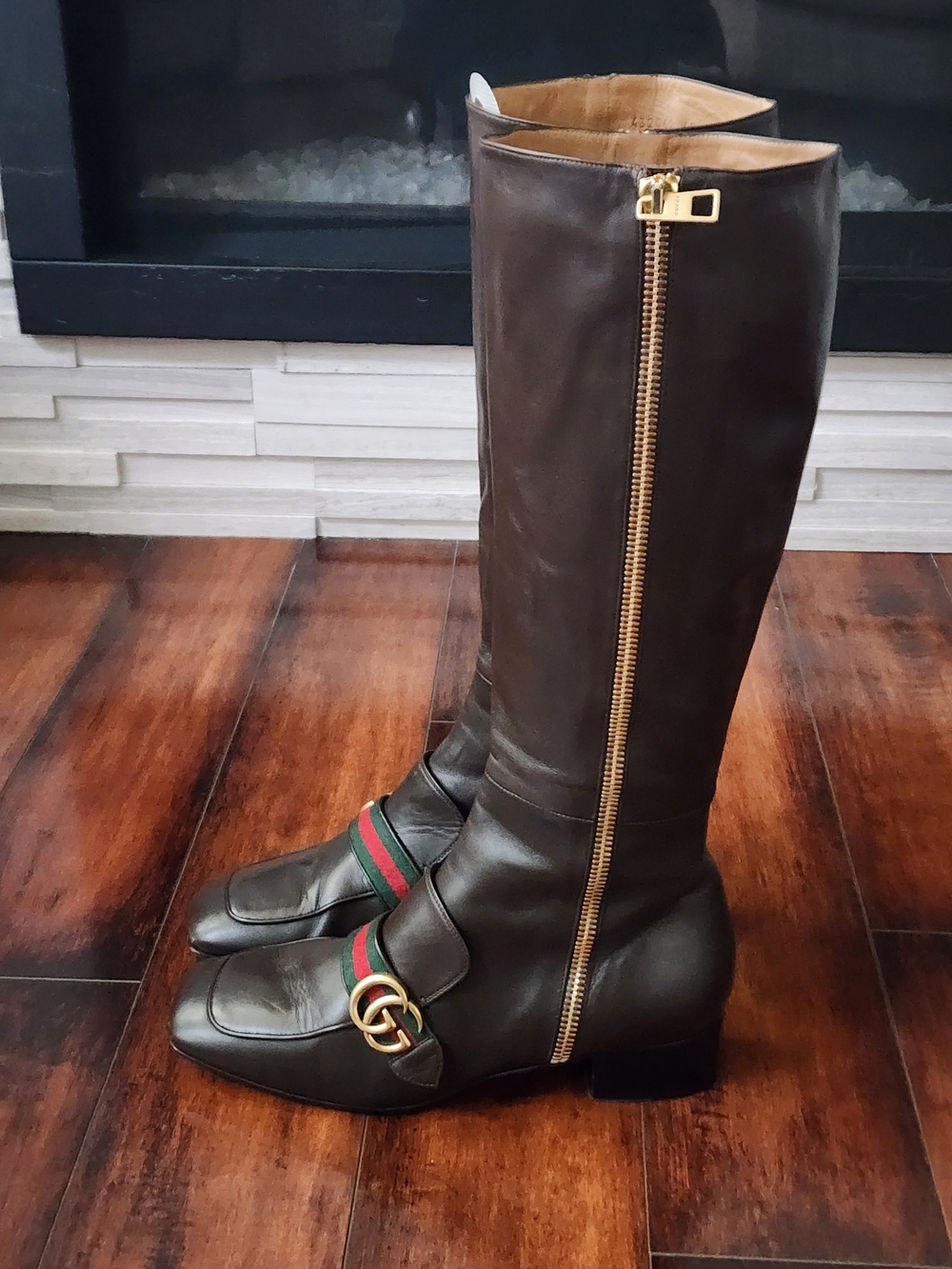 Gucci Peyton Boots Dark Brown Leather Web Stripe Interlocking GG EU 42